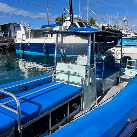 a blue boat docked next to a body of water