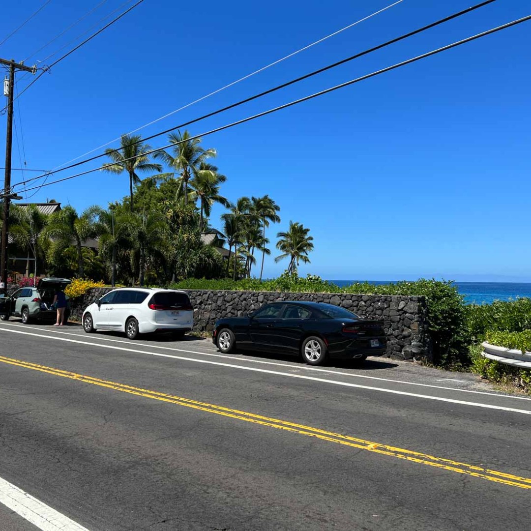 cars parked on the side of the street with ocean behind and a electrical lines overhead