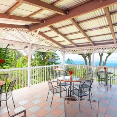 a dining room table in front of a building