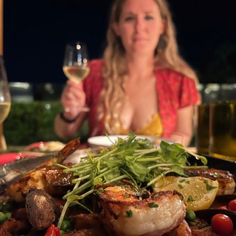 a person sitting at a table with food and wine glasses