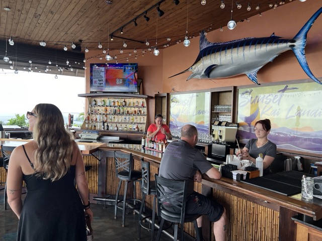 a restarant bar with a large marlin hanging on the wall up high and a brightly lit view in the background