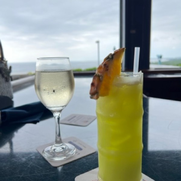 a glass of wine and a tropical drink on a bar with a view behind