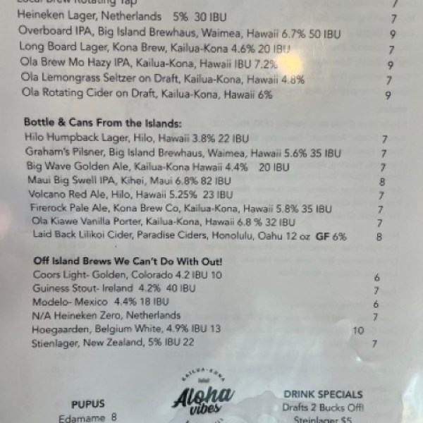 Beer list portion of the menu