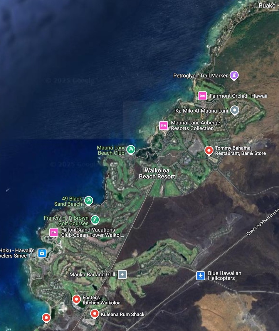 map of happy hour spots in waikoloa resort area