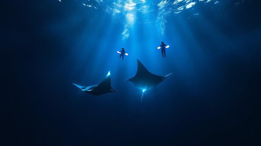 thumbnail Two divers swim above two manta rays in deep blue ocean under sunlight rays.