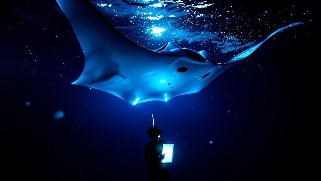 Diver with tablet beneath a glowing manta ray in dark, blue-lit water.
