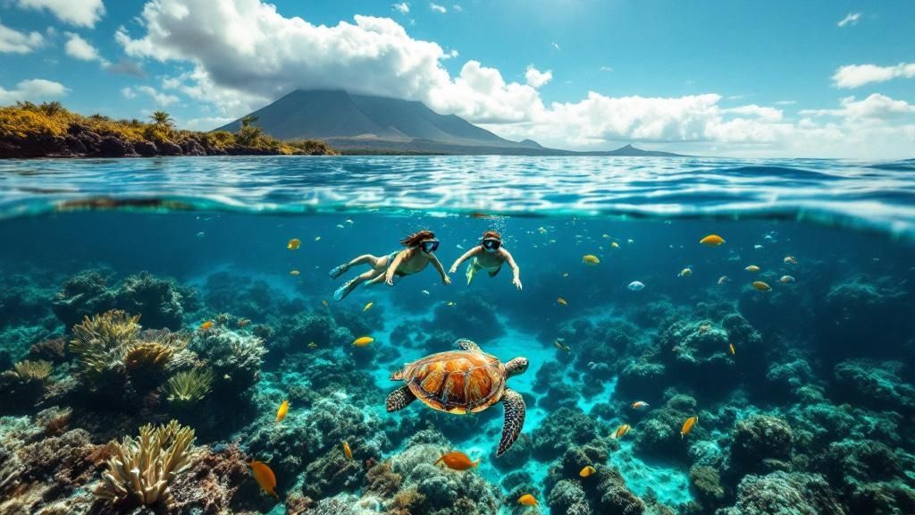 thumbnail_0d34b9 Two snorkelers and a turtle underwater with a volcano and cloudy sky in the background.