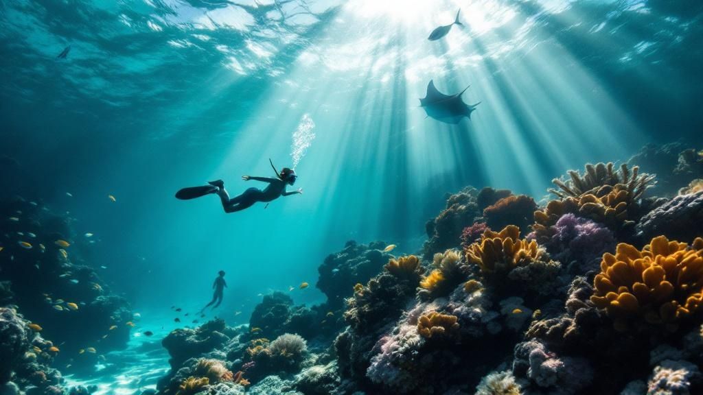 thumbnail_157c55 Divers swimming over vibrant coral reef with sunlight streaming through ocean water.