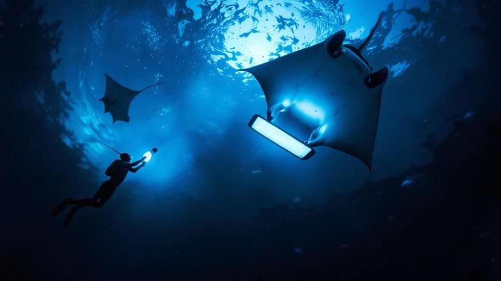 thumbnail_177b93 Diver with light near two manta rays in deep blue underwater scene.