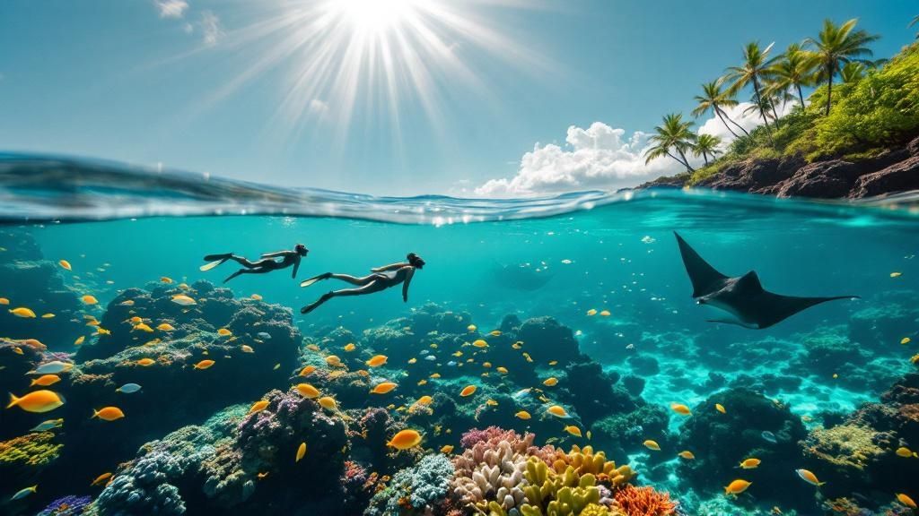 thumbnail_18b6bb Snorkelers and manta ray swimming over colorful coral reef under bright sun near tropical island.