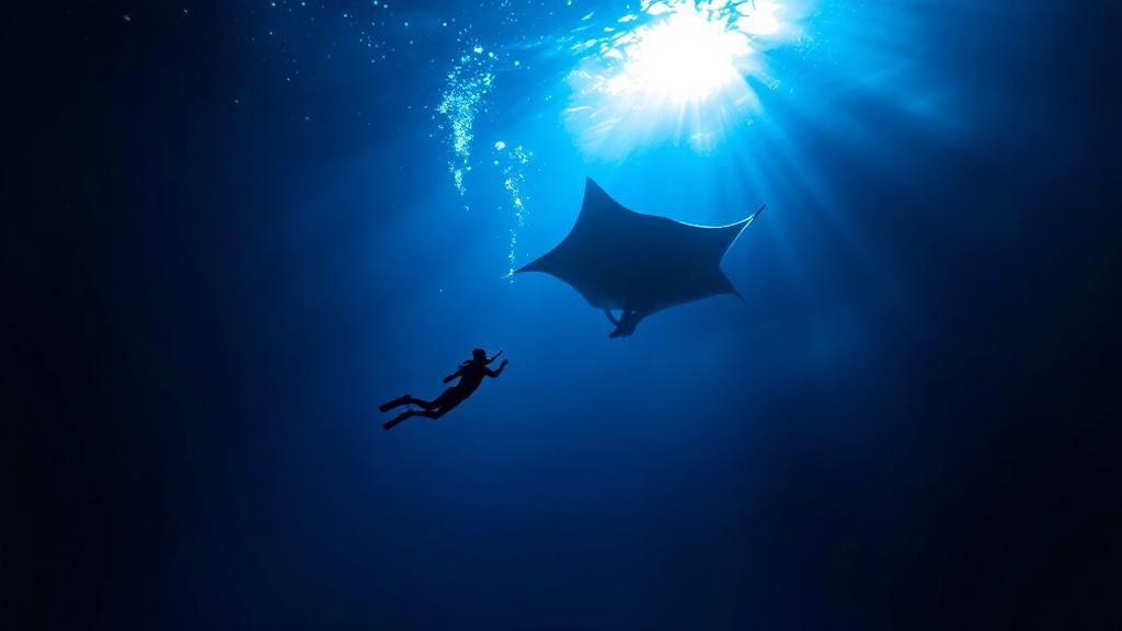 thumbnail_1da627 Silhouette of a diver and a manta ray underwater with sunlight above.