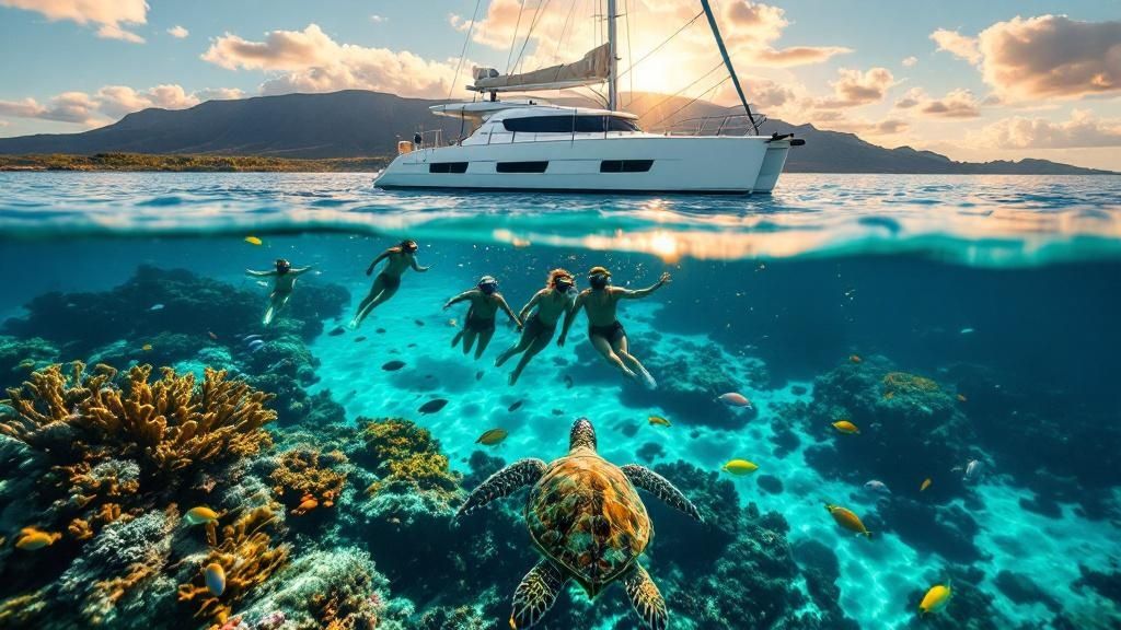 thumbnail_236339 Underwater view: people swimming with a turtle, boat above, coral reef, and distant mountains.