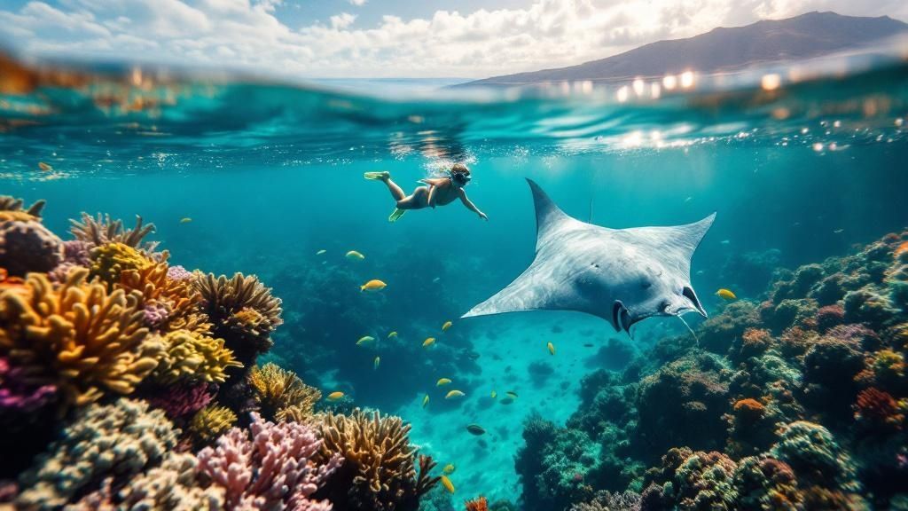 thumbnail_243a96 Snorkeler swimming near manta ray over colorful coral reef in clear ocean water.