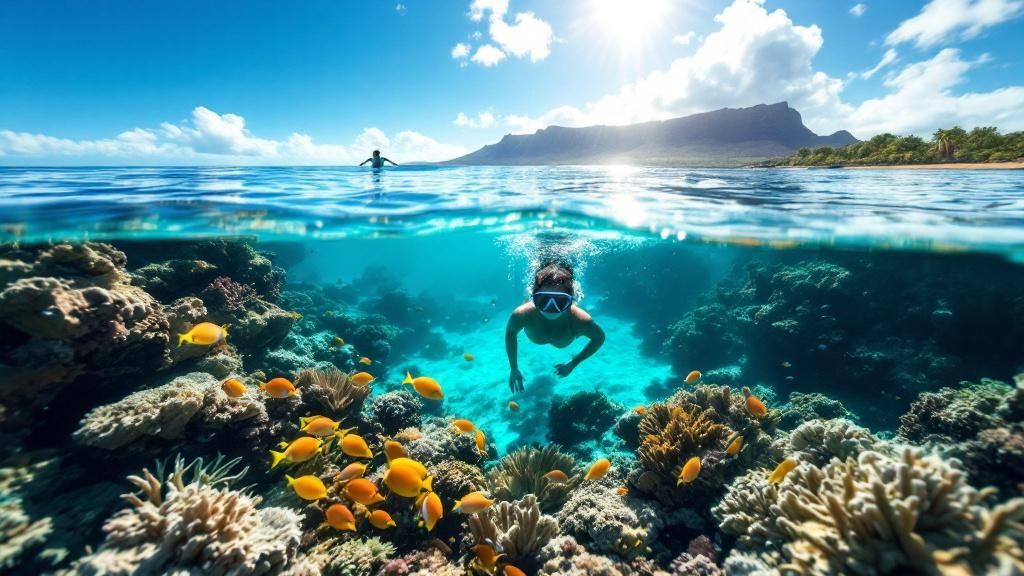 thumbnail_2490b0 Person snorkeling above coral reef with fish, clear sky and distant mountain in background.