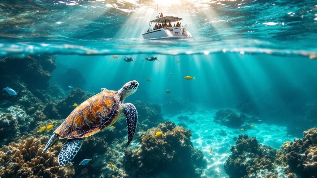thumbnail_249f9f Sea turtle swimming underwater; boat and snorkelers above, sunrays through clear blue water.