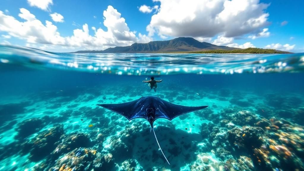 thumbnail_24df37 Manta ray underwater with a swimmer above, vibrant coral reef, mountains visible against a blue sky.