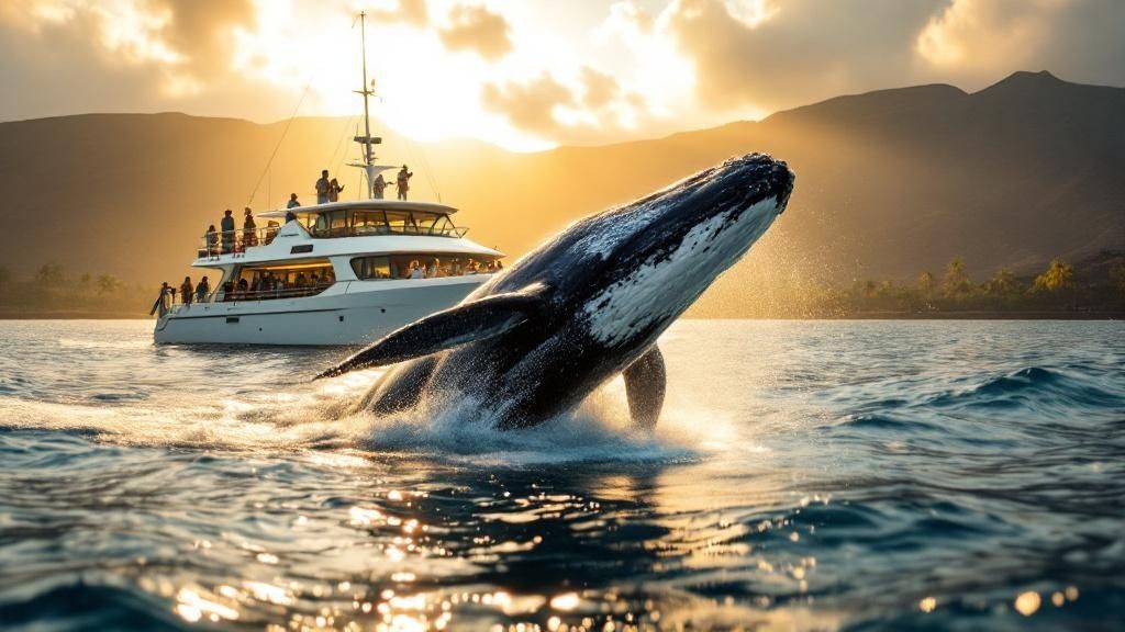 thumbnail_2666c7 Whale breaching near a boat with people watching at sunset.