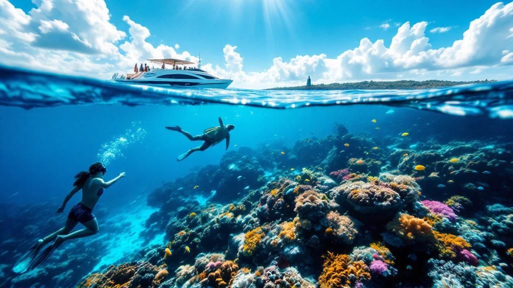thumbnail_2c478b Two snorkelers above coral reef with a yacht on the water's surface under a sunny sky.