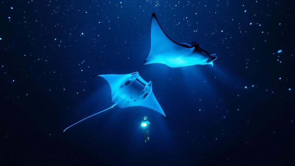 thumbnail_32dcc0 Scuba diver with flashlight under two manta rays in a starry ocean.