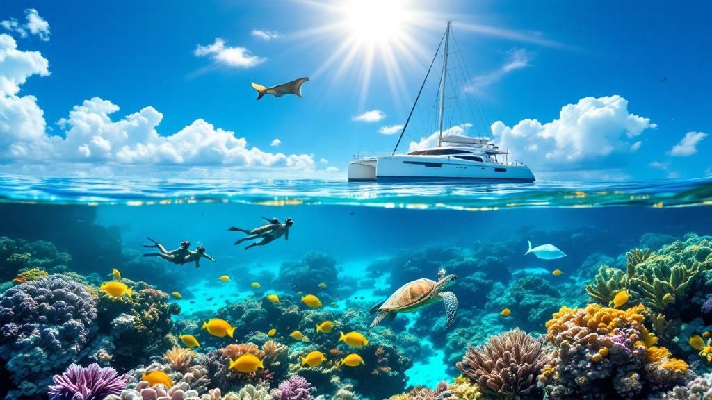 thumbnail_39117c Catamaran on ocean surface, with coral reef, fish, divers, and turtle underwater in bright sunlight.