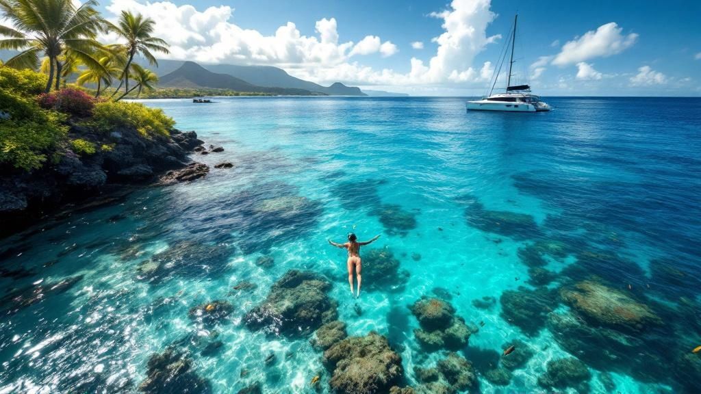 thumbnail_3ae7c4 Woman swimming in clear blue water near rocks, palm trees, and a yacht under a bright sky.