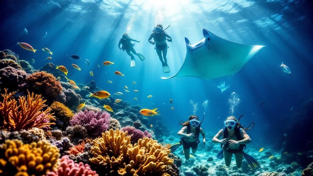 thumbnail_3d7833 Divers swim near colorful coral reef with fish and a manta ray in the clear ocean water.