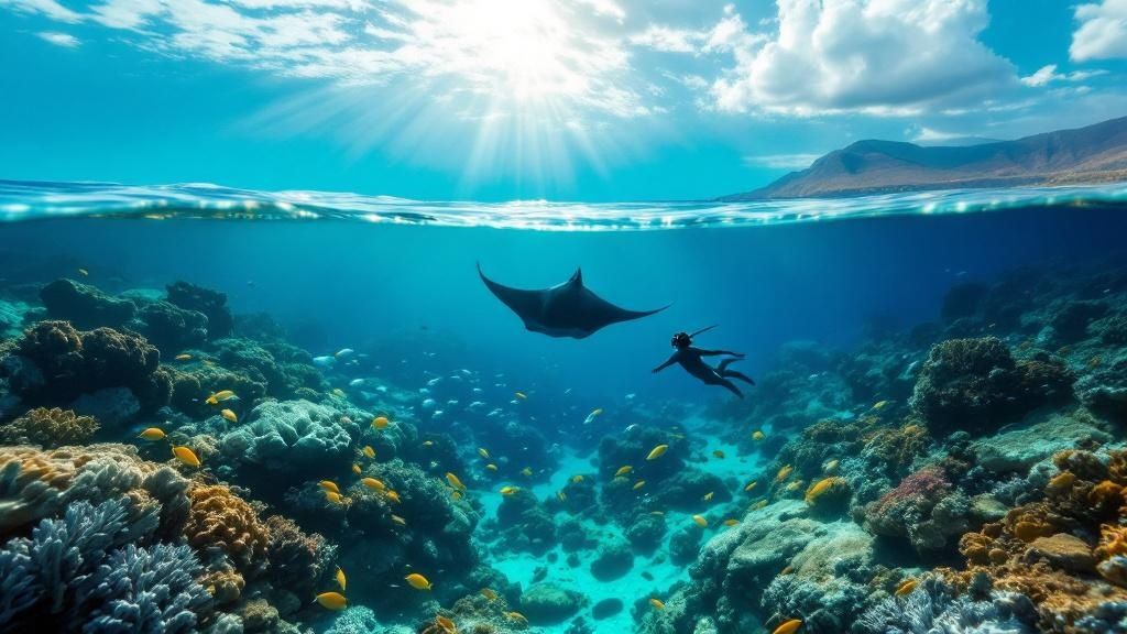 thumbnail_46c730 Snorkeler swims near manta ray over vibrant coral reef under clear sky and sun rays.