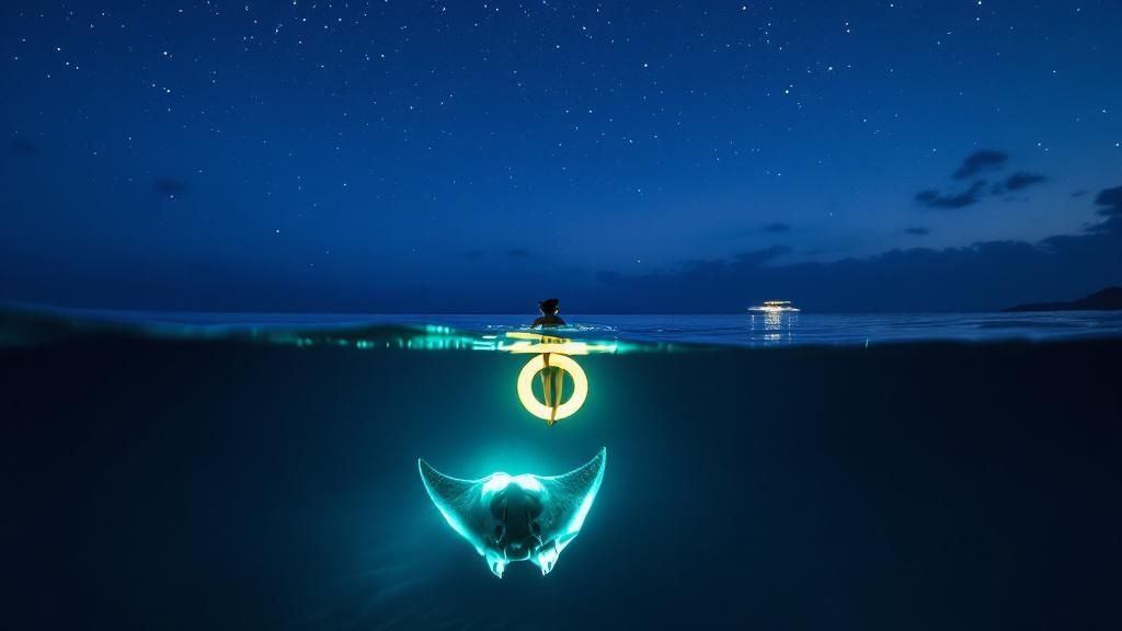 thumbnail_4aa6cd Night scene of a glowing manta ray underwater and a paddleboarder above, with a starry sky and distant boat.