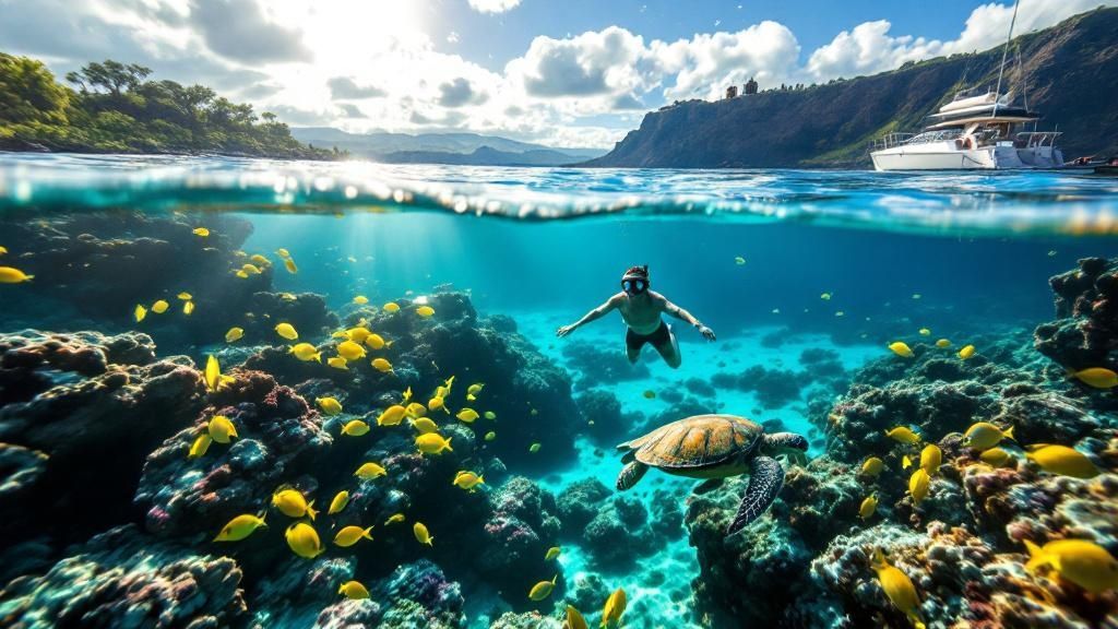 thumbnail_4b20c8 Snorkeler swimming over coral reef with yellow fish and a turtle, boat in background on sunny day.