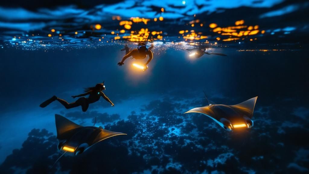 thumbnail_4dad3d Divers with flashlights swim near manta rays under a glowing, illuminated ocean surface at night.