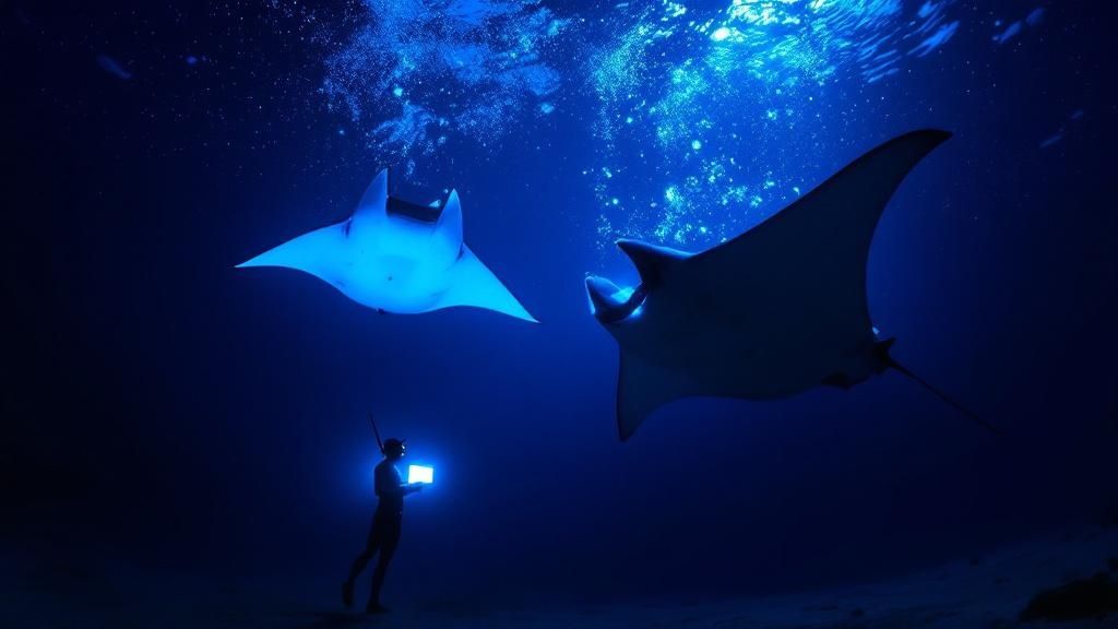 thumbnail_4feced Two manta rays swim near a diver holding a light in deep blue ocean.