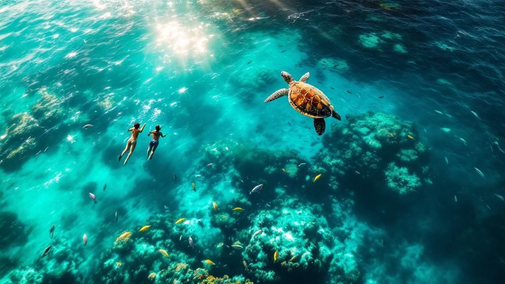 thumbnail_52e17d Two people snorkeling near a sea turtle above a coral reef in clear blue water.