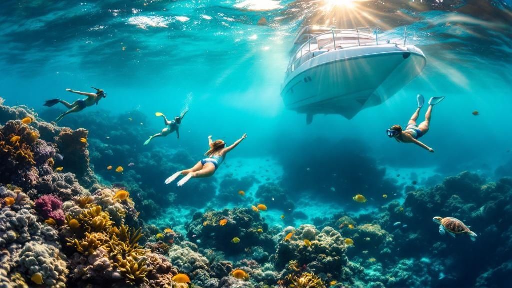 thumbnail_54bb39 Divers explore underwater coral reef with fish near a boat on a sunny day.
