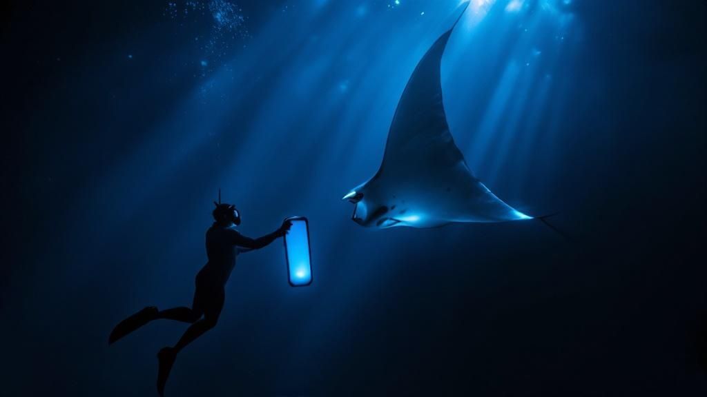 thumbnail_55a8bb Diver with glowing device faces manta ray underwater in deep blue light.