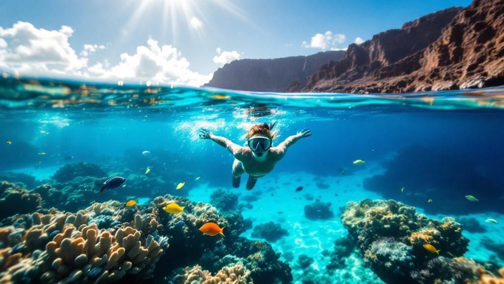 thumbnail_5e8bff Person snorkeling in clear water over a coral reef with fish, under a bright sky and rocky cliffs.