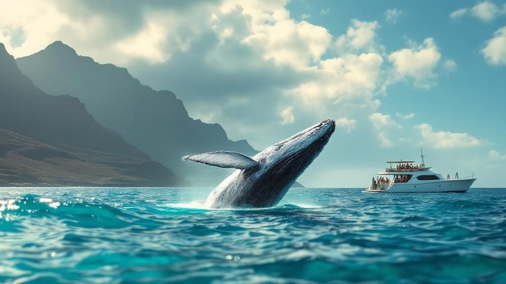 thumbnail_5f5dc1 Whale breaching near a boat in ocean with mountains and cloudy sky in background.