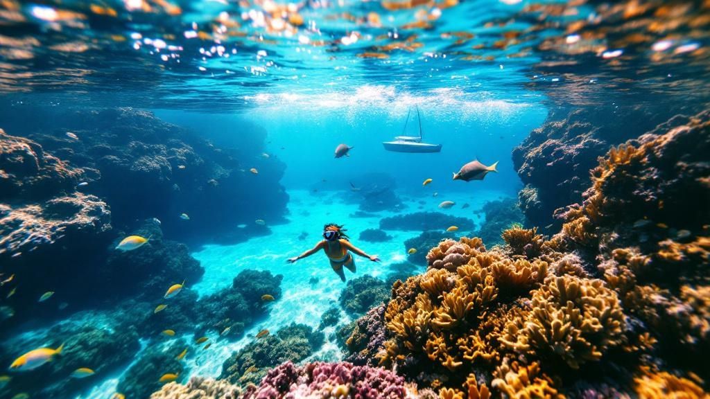 thumbnail_62a6f0 Person snorkeling above vibrant coral reef with fish and boat on water's surface.