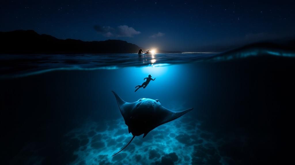 thumbnail_635119 Diver swimming with a manta ray at night, illuminated by a boat's light above.