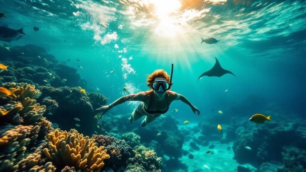 thumbnail_6bc840 Person snorkeling underwater with coral, fish, and a manta ray, sunlight filtering through water.