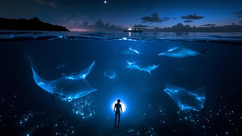 thumbnail_77c373 Person swimming with glowing manta rays under moonlit ocean with boat above.