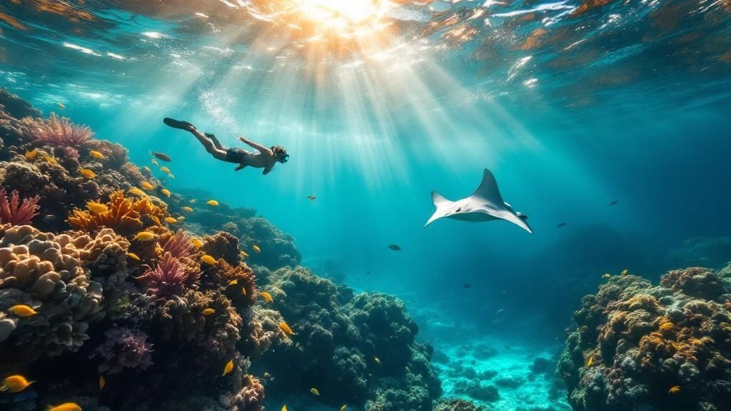 thumbnail_78b669 Diver swims near colorful corals and a manta ray under sunlit water.