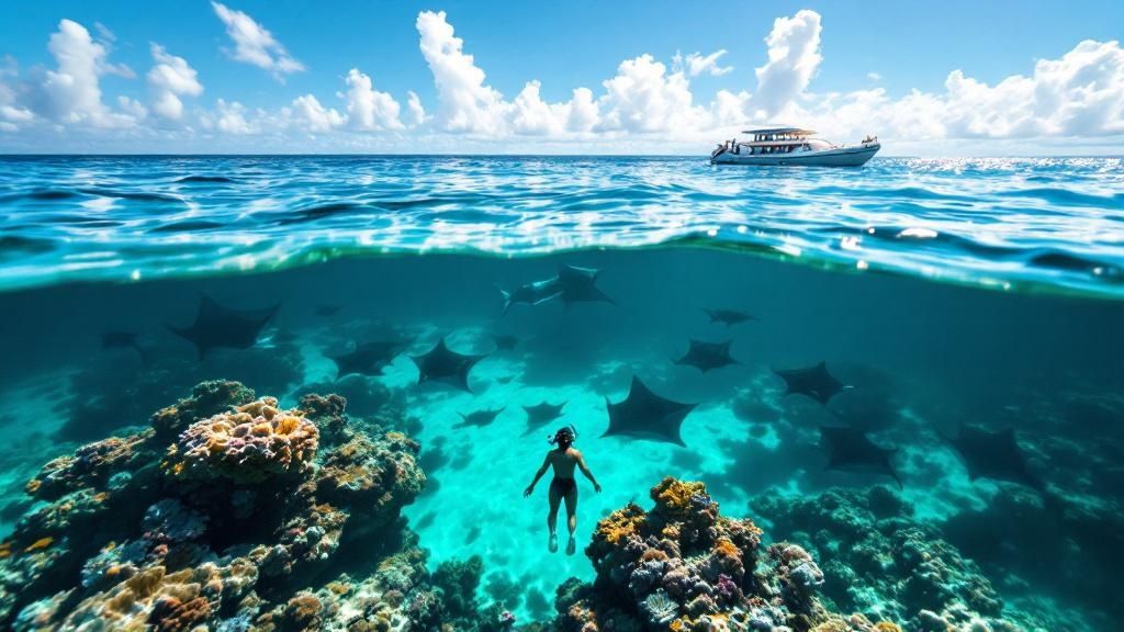 thumbnail_7c1f02 Snorkeler underwater near coral and stingrays, boat on surface with cloudy sky.