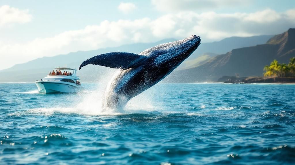 thumbnail_7c7f01 Humpback whale breaching near a boat with people, under a sunny sky and mountains in the background.