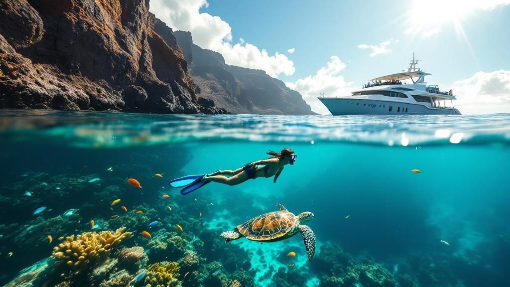 thumbnail_7f7049 Snorkeler swimming near a sea turtle over coral reef, with yacht and cliffs in the background.