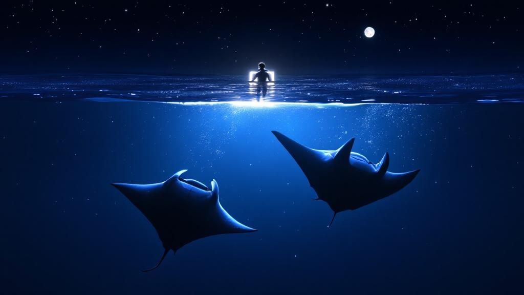 thumbnail_864644 Silhouette of person on water at night above two manta rays, with moonlight reflecting on the sea.