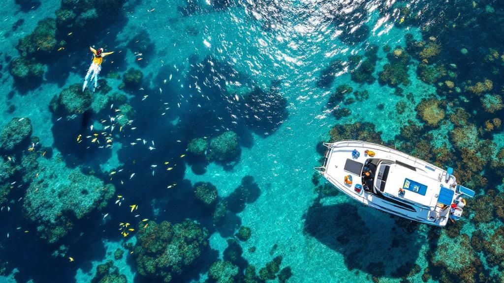 thumbnail_878e70 Aerial view of a person snorkeling near a boat in clear blue water with coral reefs and fish visible.
