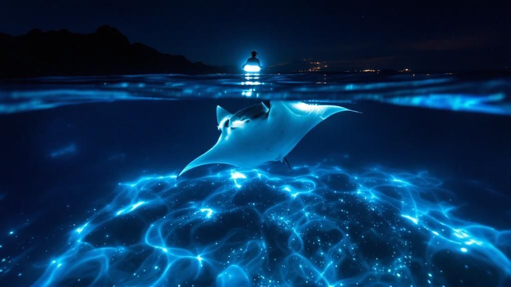 thumbnail_8d2aae Manta ray swimming in bioluminescent water under a night sky with distant lights.