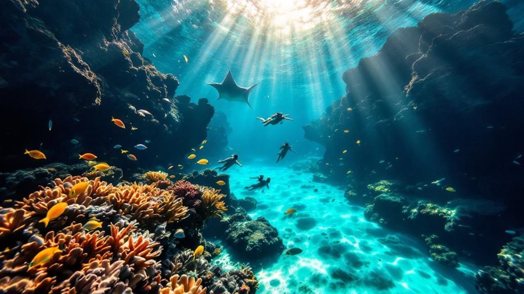 thumbnail_8eea4a Underwater scene with coral, fish, divers, and sun rays illuminating the ocean floor.