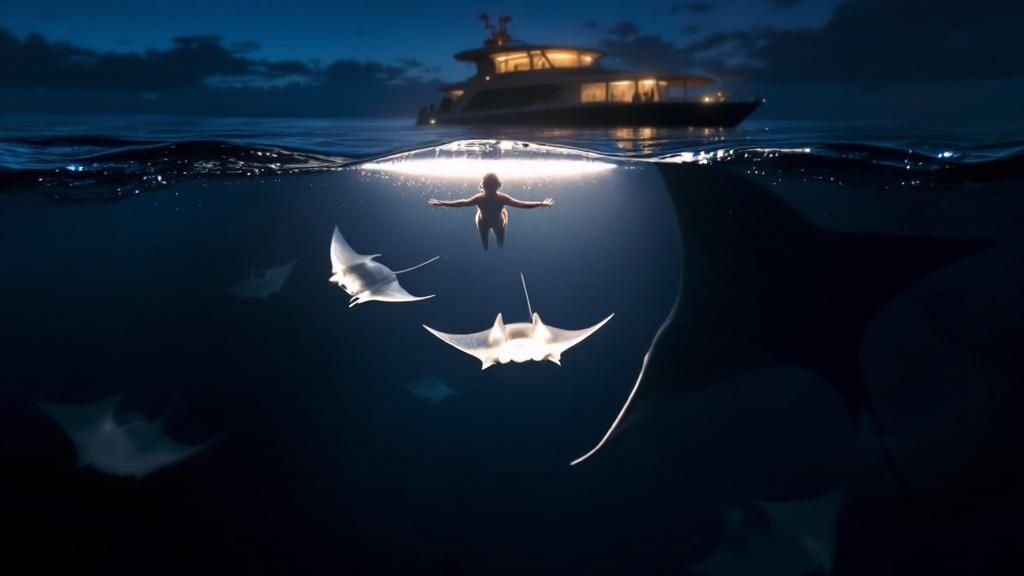 thumbnail_957127 Person swimming with manta rays at night, illuminated by boat lights above water.