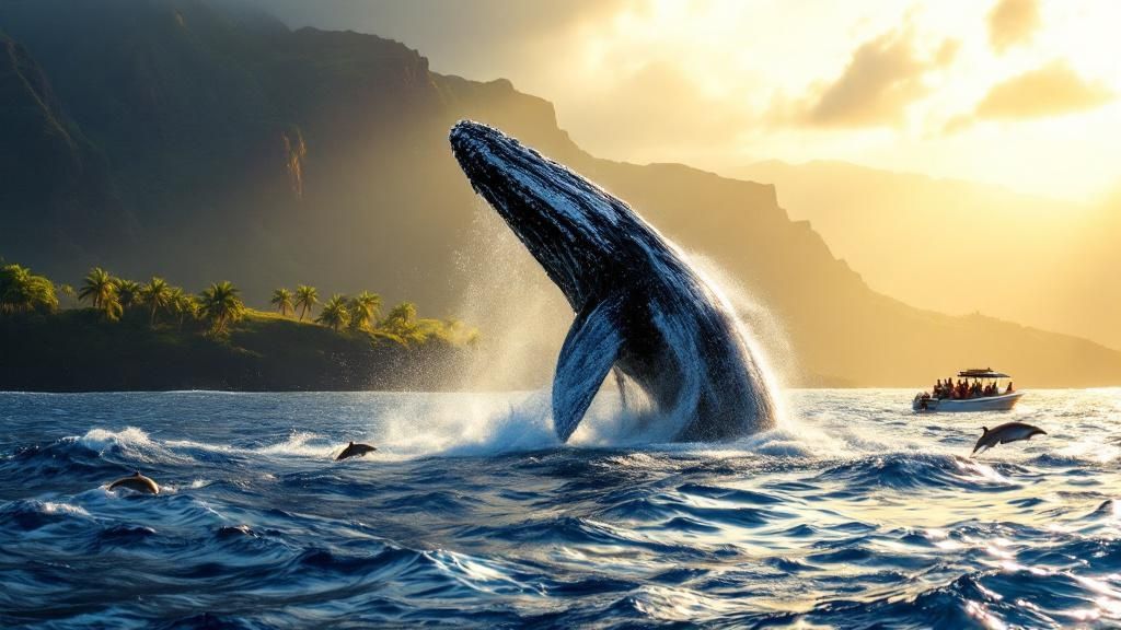 thumbnail_96392e Humpback whale breaching near a boat at sunset with dolphins and palm trees in the background.